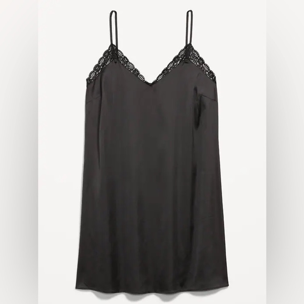 Old Navy Black Satin Lace Detail Chemise Slip Dress | XS